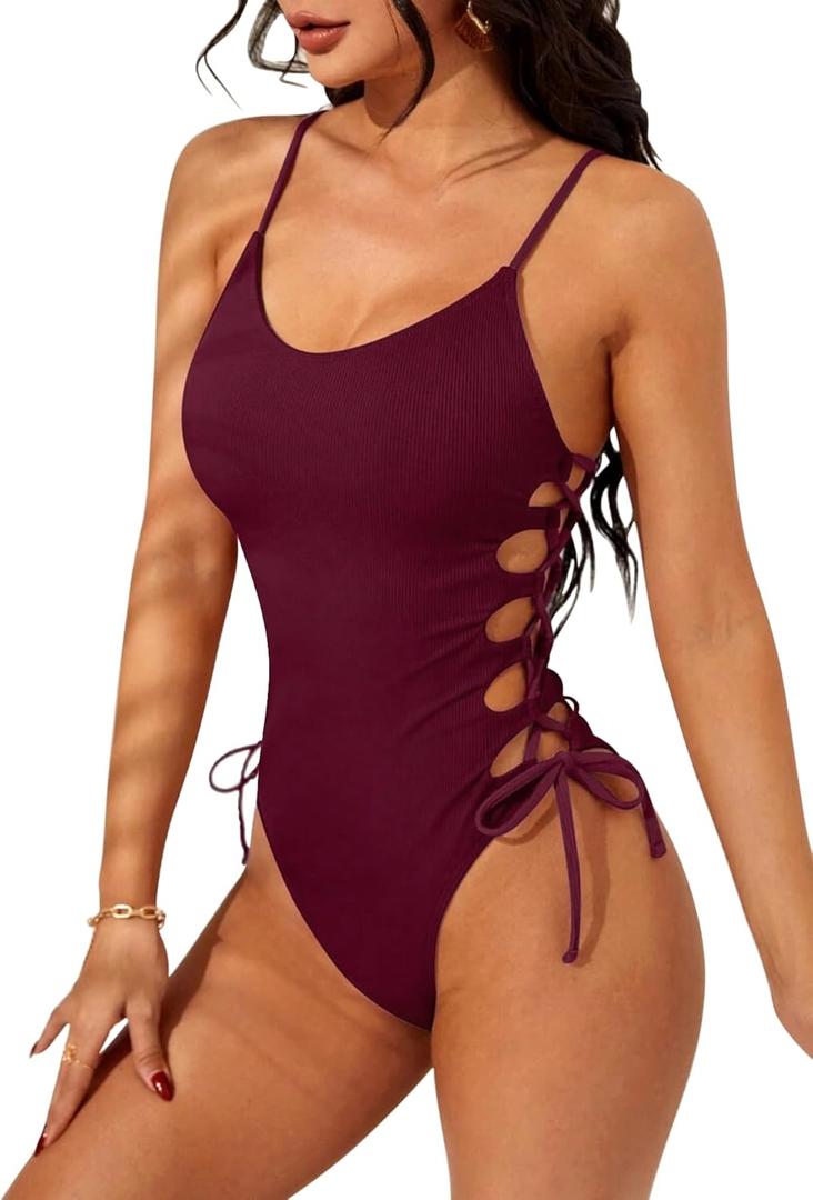 Narecte One Piece Swimsuit Women Bathing Suit Sexy High Cut Women's One-Piece Swimsuits Monokini One Piece Bathing Suit (Medium, Burgundy)
