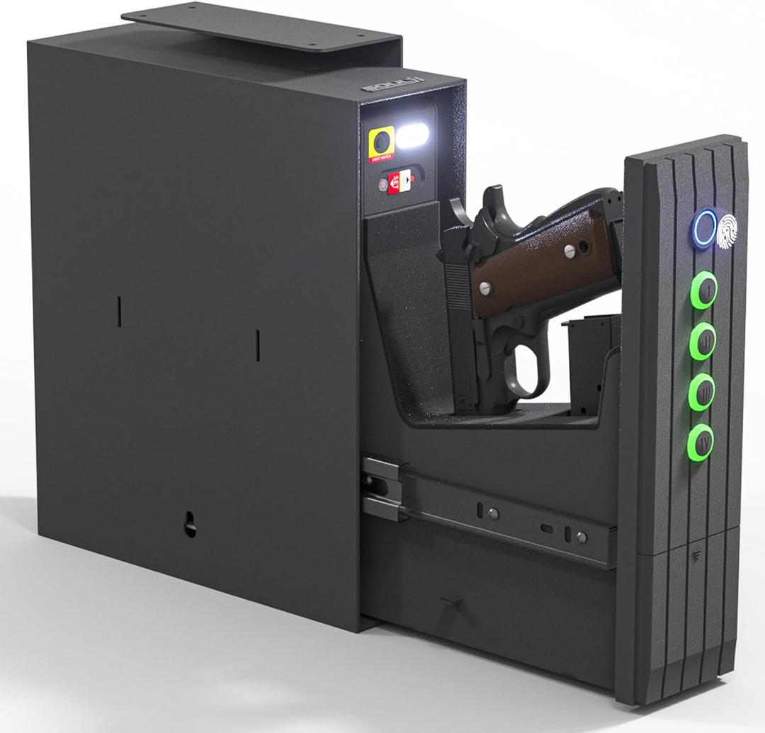 SOULYI Biometric Gun Safe for Handgun, 3 Way Quick Access Auto Sliding Door Bedside Pistol Safe for Nightstand, Desk, Vehicle with Fingerprint, PIN Code, Key Lock, LED Light, and Silent Mode