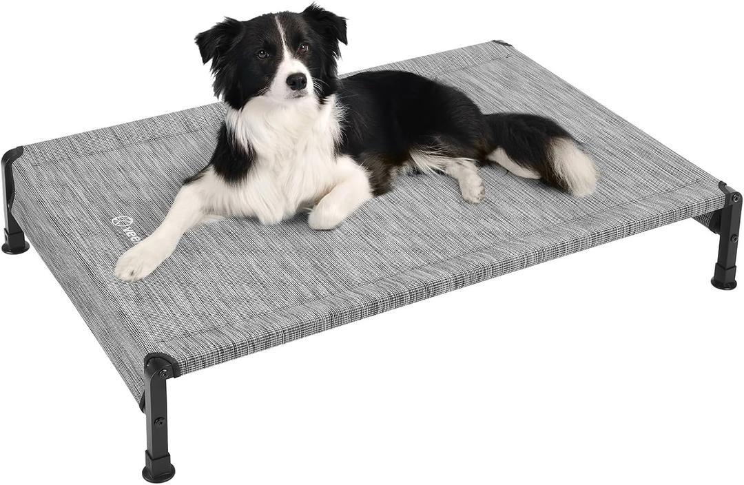 Veehoo Cooling Outdoor Dog Bed, Heavy Duty Elevated Pet Bed with Washable & Breathable Teslin Mesh, Non-Slip Silicon Feet, Dog Cot Bed with Support Hem, 41" x 27", Black Silver, CWC2433