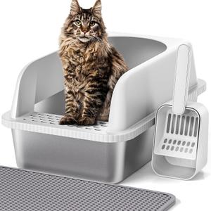 Henkelion Stainless Steel Cat Litter Box with Lid, 20" L x 14.2" W x 11.8" H, Extra Large Litter Box for Big Cats with High Sided, Anti-Urine Leakage, Easy Cleaning, Include Cat Mat and Scoop, Gray 