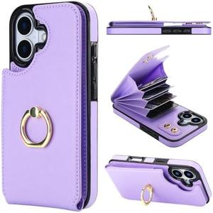 Folosu Compatible with iPhone 17 Case Wallet with Card Holder, 360°Rotation Finger Ring Holder Kickstand, RFID Blocking Leather Protective Double Buttons Shockproof Cover 6.3 Inch Purple