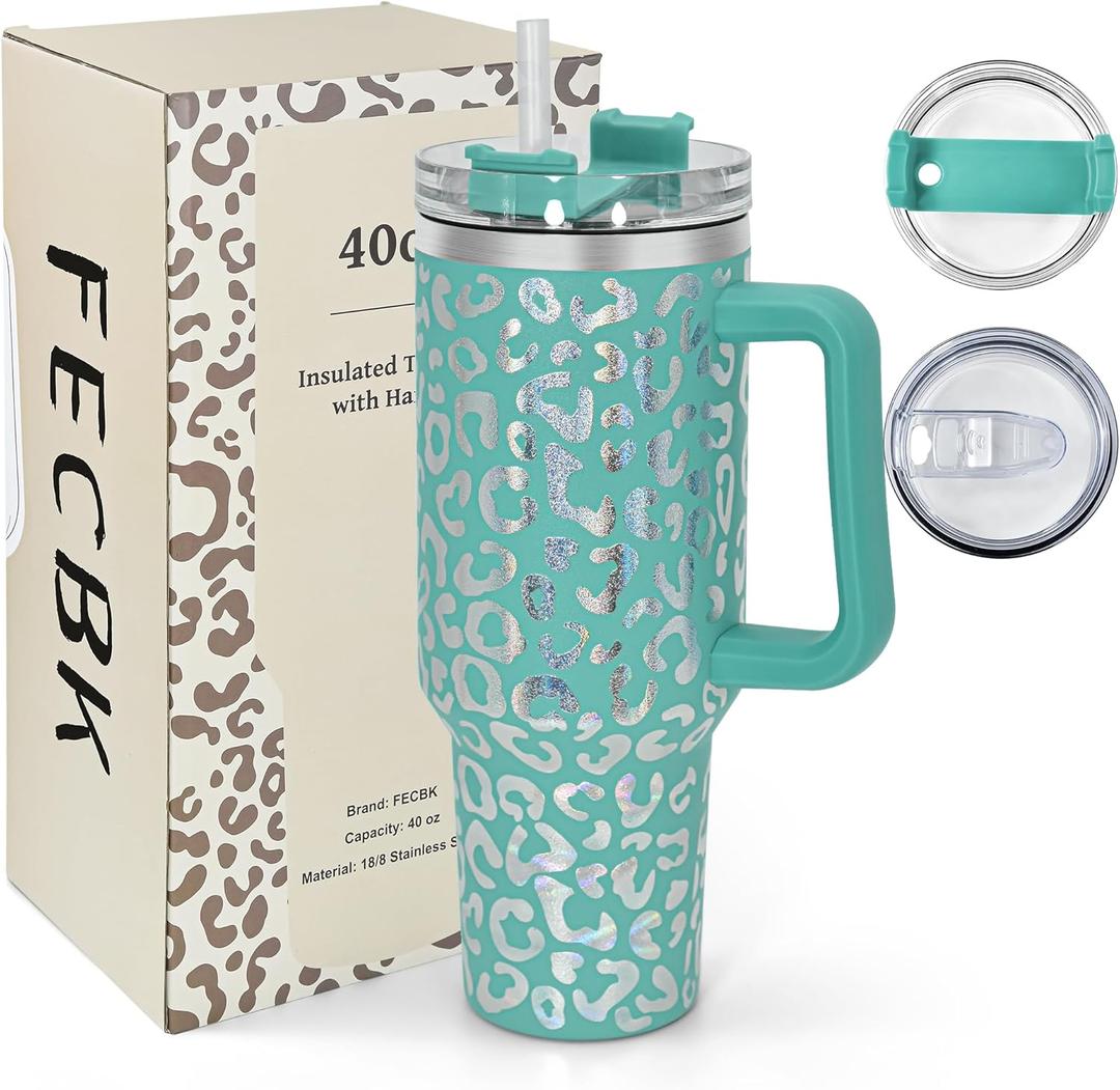 40 oz Tumbler with Handle and Straw, 100% Leak-Proof Travel Mug, Stainless Steel Double Wall Vacuum Insulated Coffee Cup Keeps Cold For 34 Hours, Dishwasher Safe, Green Leopard