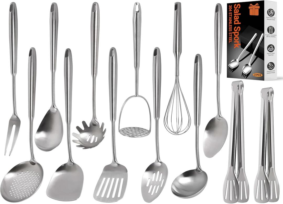 15PCS Cooking Utensils Set - 304 Stainless Steel Kitchen Utensils Set, Metal Cooking Tools & Serving Utensils, Potato Masher, Whisk, Turner, Serving Spoon, Fork, Tongs, Skimmer, Ladle, Dishwasher Safe