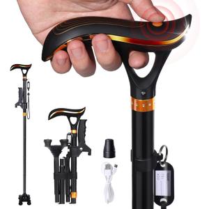 Foldable Cane,Cane with Light and Alarm,Canes for Men Women 6 Levels Height Adjustable USB Charging, with Cushioned T Handle and Swivel Four Pedestal, Black 