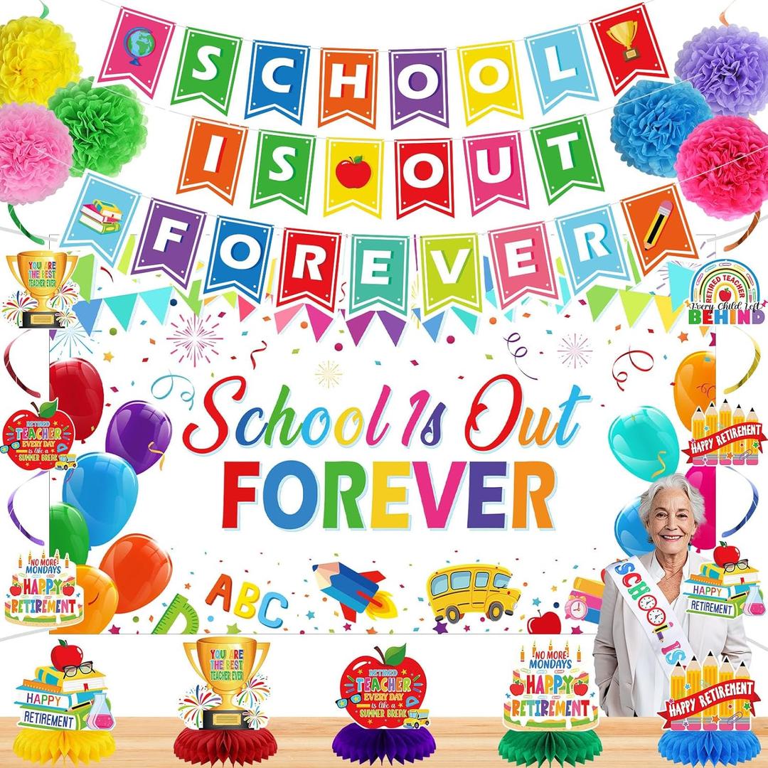 42 Pcs Happy Teacher Retirement Decorations Retirement Banner Backdrop Hanging Swirls Paper Pompoms Honeycomb Centerpieces School's out Decor for Retired Farewell Party Supplies