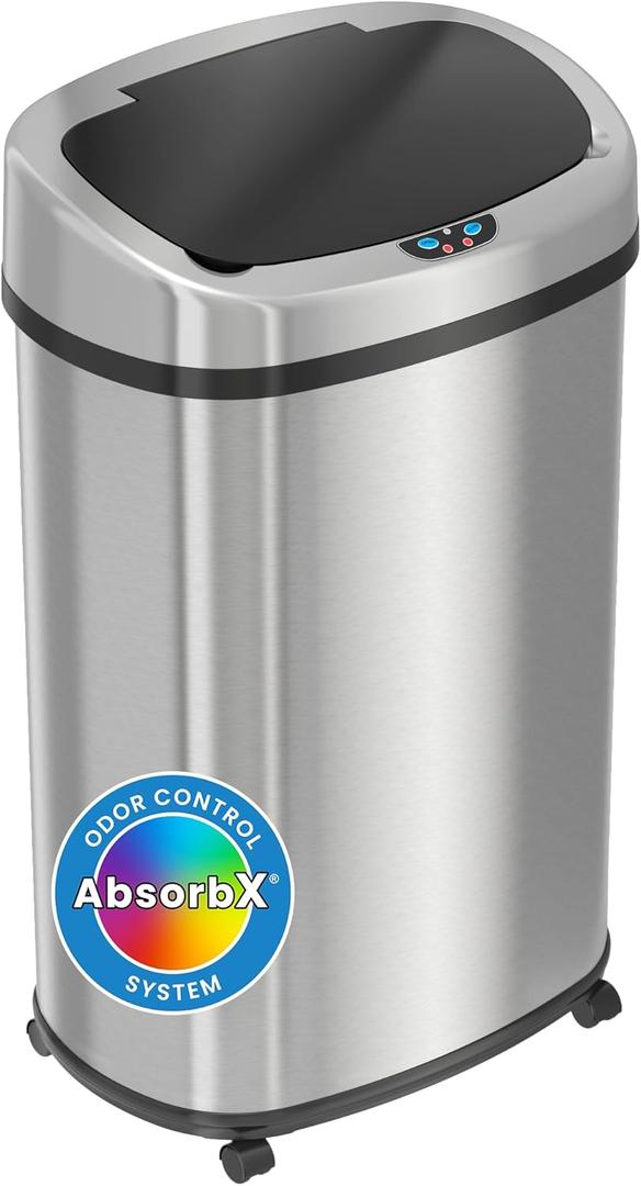 SensorCan 13 Gallon Sensor Trash Can with Wheels and AbsorbX Odor Control System, Stainless Steel, Oval Shape Automatic Kitchen and Office Garbage Bin (Powered by Battery or Optional AC Adapter) SensorCan 13 Gallon Sensor Trash Can with Wheels and AbsorbX Odor Control System, Stainless Steel, Oval Shape Automatic Kitchen and Office Garbage Bin (Powered by Battery or Optional AC Adapter)