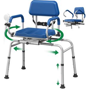 Loyoda FSA/HSA Eligible Sliding Shower Chair Tub Transfer Bench for Bathtub with Swivel Seat, Padded Shower Bench with Pivoting Arms, Height Adjustable Shower Seat, 350 lbs, Blue, Standard