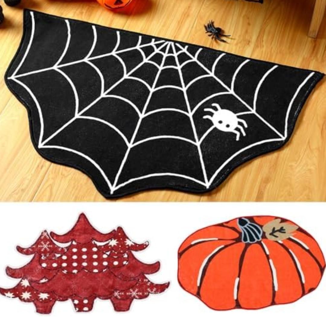 Duraaamo 4 Pcs Christmas Holiday Bath Mat Set Christmas Tree Snowflake Area Rugs Pumpkin Spider Web Non Slip Rugs Machine Washable Welcome Door Mat for Christmas Bathroom Bedroom Decor