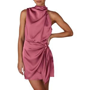 PRETTYGARDEN Women's Short Formal Satin Dress Summer Sleeveless Mock Neck Tie Waist Cocktail Party Dresses (Pink, S)