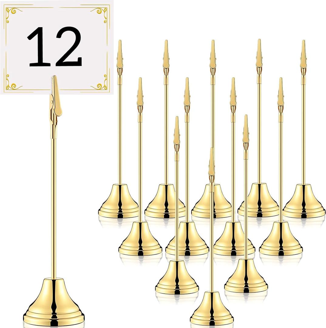 Skyygemm 12 Pcs Table Number Holders 8 Inch Place Card Holder with Alligator Clip Metal Table Card Holders Table Number Stands Table Sign Holders for Photos, Food Signs, Birthdays, Weddings (Gold)