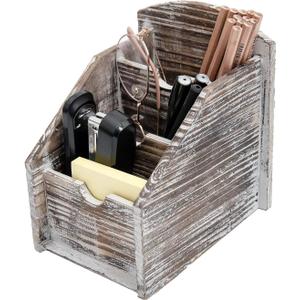 VERGOODR 3 Slot Rustic Wooden Remote Control Frame Media Organizer, Office Supply Storage Rack,Pen storage box (Torched Wood)