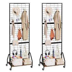 ELYKEN 2 Pack Foldable Grid Wall Panels 5.7' x 2' FT, Movable Wire Gridwall Display Rack with Wheels and Adjustable Foots, Retail Display Stand for Vendor with Storage (Rustic Brown)