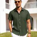 Alimens & Gentle Mens Linen Shirts Short Sleeve Button Down Shirts Wrinkle Free Casual Vacation Beach Summer Tops (Green, M)