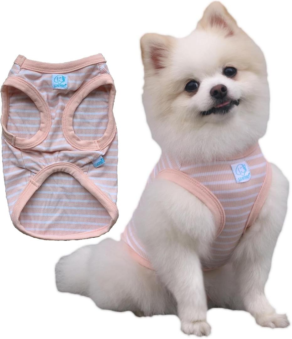 Fashion Striped Teacup Pet Dog T-Shirts, 100% Cotton Tank Vest for Small Dogs, Sleeveless Puppy Clothes for Chihuahua Yorkie Pink White, X-Small