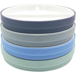 Elk and Friends Kids 7.8 Porcelain White Plates with Silicone Sleeves | Divided Plates | Suitable for Kids/Toddlers | Microwave & Dishwasher Safe | Non Slip | Snack Dishes (Sage/Misty Blue/Navy/Gray)