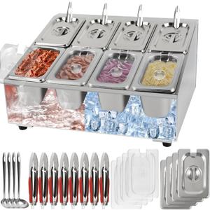 Kalolary 8 Pans Pizza Topping Storage Station, Stainless Steel Condiment Containers with Lids Spoons Ice Food Serving Display Container Salad Bar Buffet Station for Home Sauce Jam Kitchen Restaurant