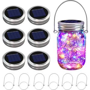 VOOKRY 6 Pack Solar Mason Jar Lights, 30 LED Mason Jar Lids Waterproof Firefly Fairy String Lights with 6 Hangers(No Jars), for Outdoor Patio Garden Yard Lawn Party Wedding Decoration - Multicolor