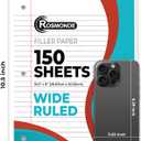 Rosmonde Loose Leaf Paper, 900 Sheets, 6 Pack, Wide Ruled, 8" x 10.5", Bulk Office Filler Sheets, 3 Hole Punched, 150 Sheets/Pack, Wide Ruled for 3 Ring Binder, Filler Notebook Paper, White