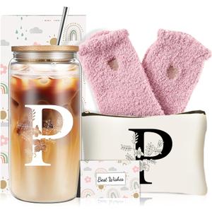 Unique Initial Glass Cup with Lids and Straws, Monogrammed Gifts Box Included Makeup Bag, Valentines Day Mothers Day Birthday Gifts for Women Mom Sister Grandma, P