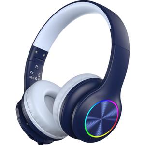 Candy Bila Kids Bluetooth 6.0 Headphones with LED Light, 85Hours Playtimes, Type-C Fast Charging, 85/94dB Volume Limited, Comfort Wireless Headphones with Built-in Mic, Wired & TF Card Mode, Navy Blue