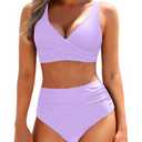 Yonique Women's Two Piece High Waisted Bikini Set Tummy Control Swimsuit Full Coverage Bathing Suit Light Purple Medium