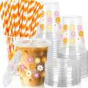 50Pcs Groovy Daisy Plastic Cups with Lids and Straws Retro Hippie Boho Flower Clear Plastic Cups 12oz Disposable Cups for Groovy Party Supplies