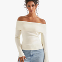 SUUKSESS Women Off Shoulder Sweaters Long Sleeve Ribbed Knit Going Out Fall Tops Blouse, Size M