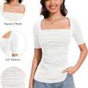 Amoretu Women's 2025 Ruched 1/2 Sleeve T-Shirts Square Neck Fitted Going Out Tops (White, XL)
