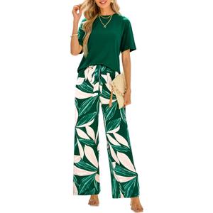 PRETTYGARDEN Women Summer 2 Piece Outfits 2026 Short Sleeve Knit Top Floral Print Belted Wide Leg Pant Sets With Pockets (M)