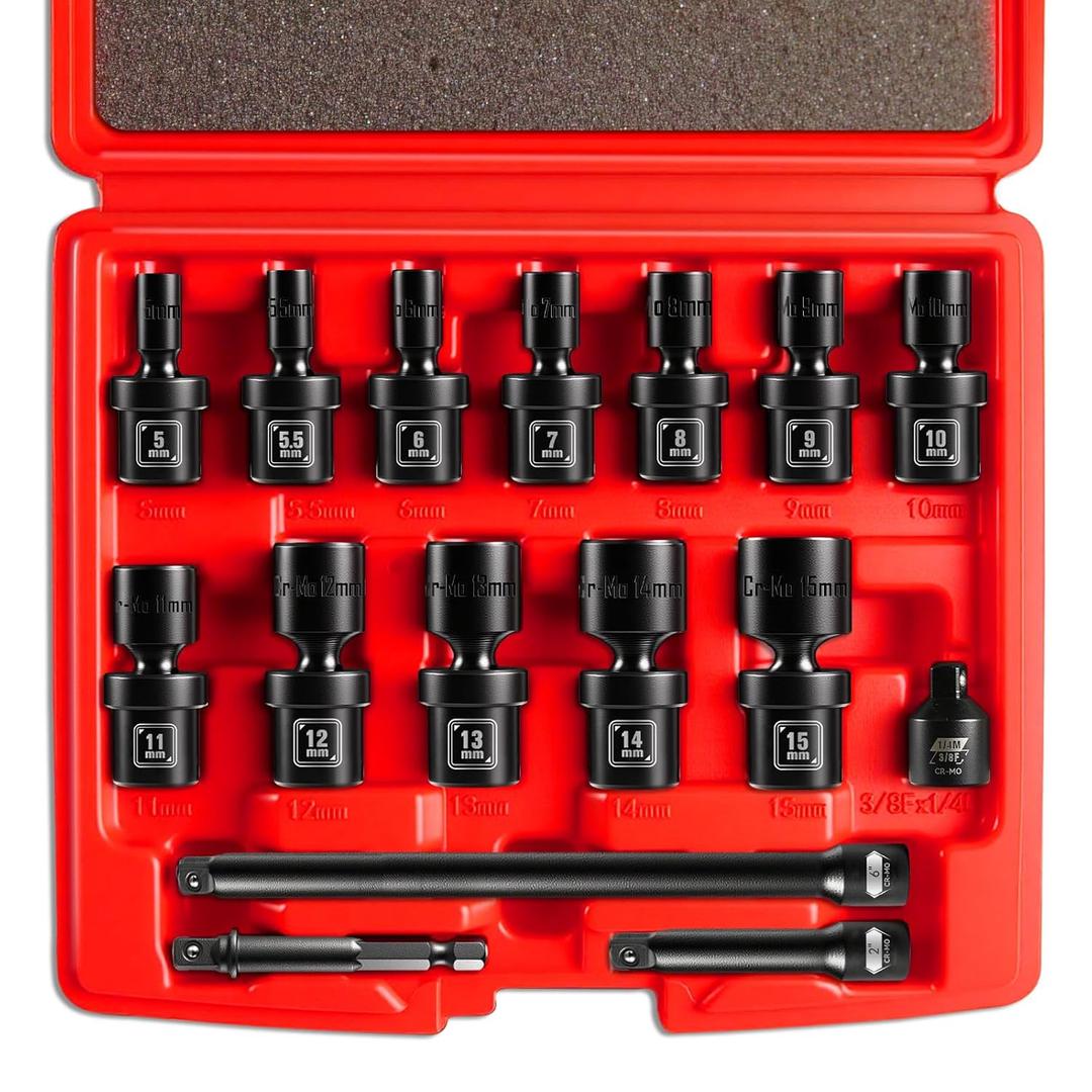 BLACKROBOT 1/4" Drive Universal Impact Socket Set, 16-Pieces Swivel Socket Set, Metric(5-15mm) Flexible Wobble Socket Set, 2", 6" Extension Bars, Socket Adapter, 6 Point, CR-MO