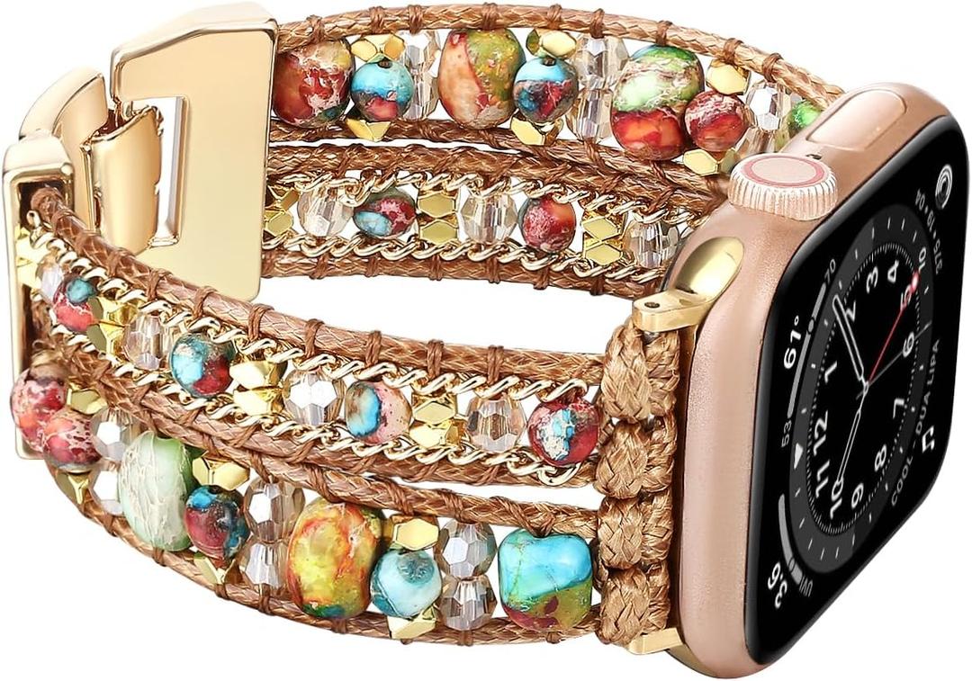 Boho Bracelet Compatible with Apple Watch Band 41mm 40mm 42mm 38mm 49mm 46mm 45mm 44mm Natural Stone Beaded iWatch Band Women Men Apple Watch Strap Ultra Series 11/10/9/8/7/6/5/4/3/2/1/SE 3/Ultra 3 (Colorful Beads)
