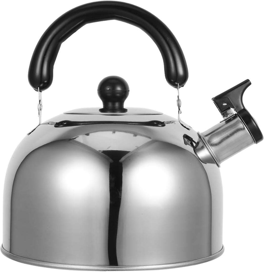 Amosfun Flat Bottom Whistling Tea Kettle - 2 L Stainless Steel Stovetop Teapot with Ergonomic Handle for Stovetop Induction Bottom 7.8 Inch