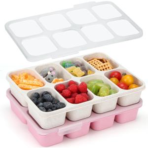 MaMix Snackle Box Container,Leak-Proof Snack Box 8 Compartment Divided Serving Tray with Lid, Dishwasher Safe Food Containers for Fruit Candy Snack Nuts Veggie Party (2 PACK) (BEIGE+PINK)