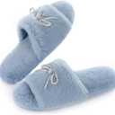 ULTRAIDEAS Women's Fuzzy House Slippers Fancy Open Toe Slides Slippers with Rhinestone Bowknot and Non Slip Sole (10, Blue)