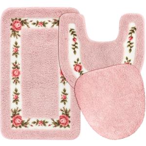 Drydiet 3 Pcs Rose Flowers Bathroom Rugs Set Coquette Room Decor Floral Bath Mat U Shaped Toilet Rug Non Slip Absorbent Floral Bath Carpet(Pink)