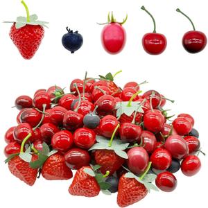 Woohome 100 PCS Fake Fruit Set, Artificial Cherry Strawberry Blueberry, Decorative Fruit for Fruit Wine Decor Faux Fruit Props
