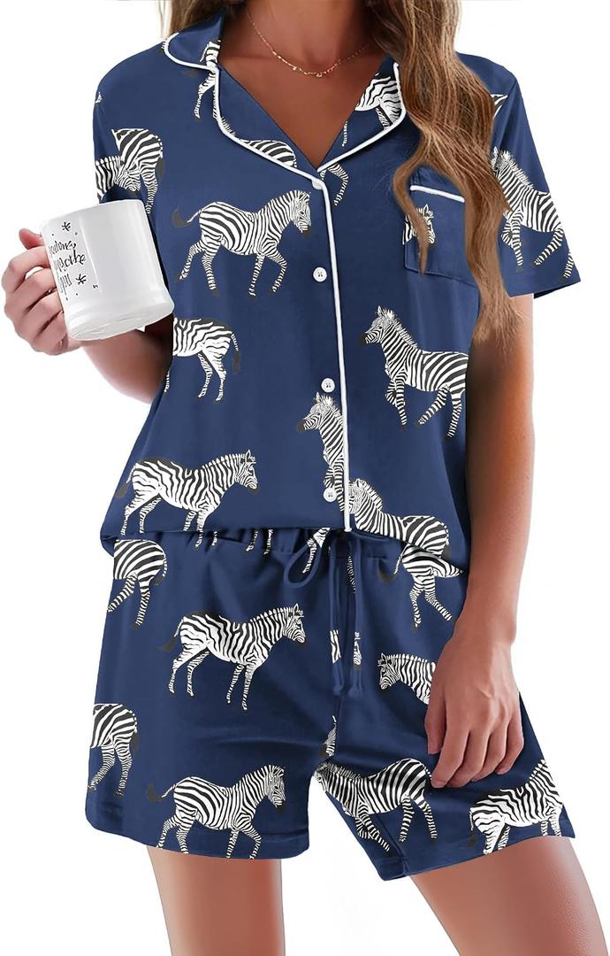 Ekouaer Pajamas Set for Women Short Sleeve Sleepwear Button Down Pjs Soft 2 Piece Lounge Sets XS-XXXL (L)