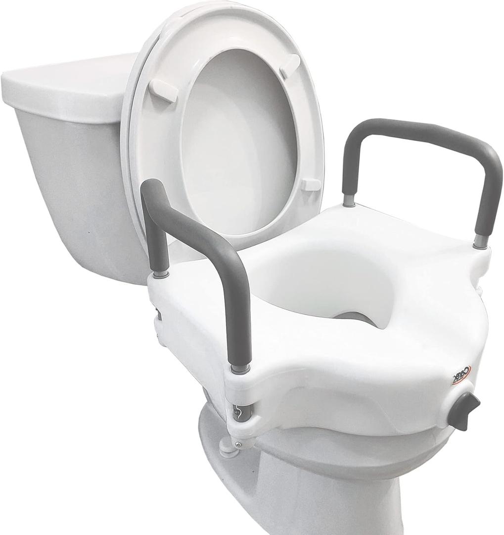 Carex 4.5 Inch Raised Toilet Seat with Arms, Elongated Toilet Seat Riser, 300 lbs Capacity, Elevating and Raising Seat for Elderly and Handicap, Universal, Slip-Resistant with Padded Handles, White