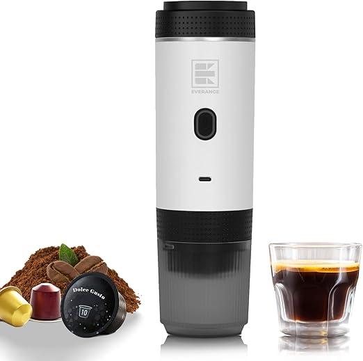 EVERANGE Portable Electric Espresso Machine, Travel Coffee Maker Brewer Compatible with Ground Coffee & NS Capsules (White with LCD Screen)