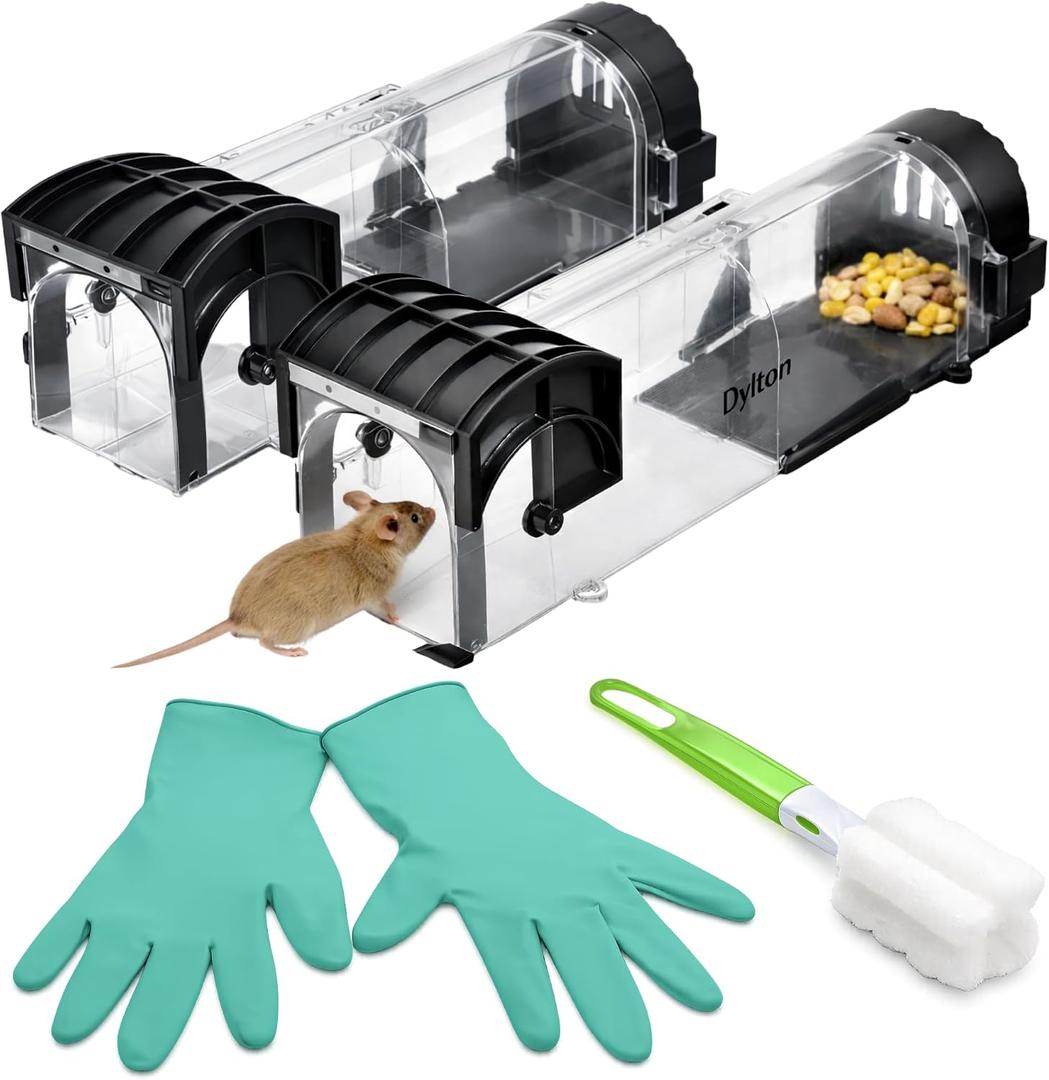 [2026 Upgraded] Humane Mouse Trap 2-Pack No Kill Live Catch Rodent Trap with Release Gloves & Cleaning Brush Reusable Indoor Outdoor Mouse Trap Safe for Homes with Kids & Pets