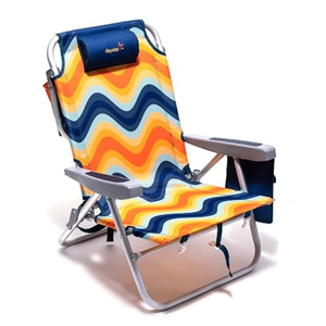 SUNNYFEEL Low Beach Chair 1 Pack, 5-Position Lay Flat Reclining, Backpack Portable Folding Chairs with Cooler Bag & Cup Holder, Heavy Duty 350 LBS, Compact for Beach, Camping, Travel