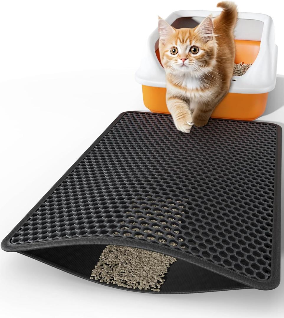 Cat Litter Mat - 23.2" x 14.6" Small Litter Box Mat with Double Layers, Urine-Proof and Non-Slip Litter Trapping Mat, Easy to Clean Kitty Litter Mats for Floor, Scatter Control, Black