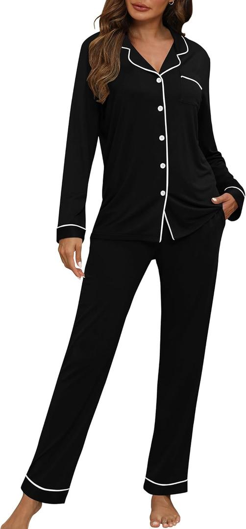 Women Pajama Set Long Sleeve Sleepwear Fashion Night Wear (Medium, Black)