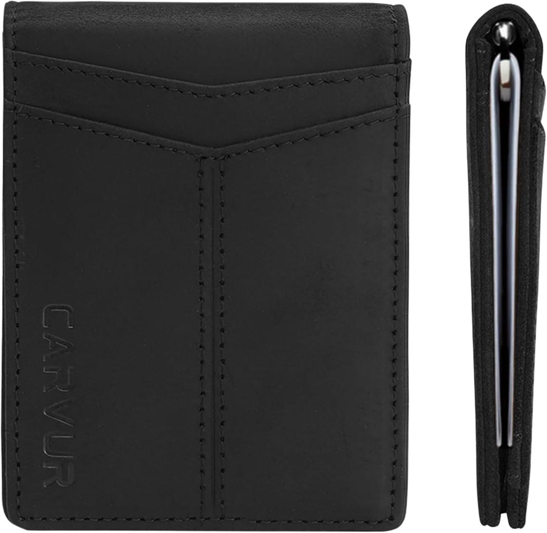 Slim Bifold RFID Blocking Full Grain Genuine Leather Front Pocket Minimalist Thin Wallet with Money Clip for Men - (SB20) (Midnight Cinder)