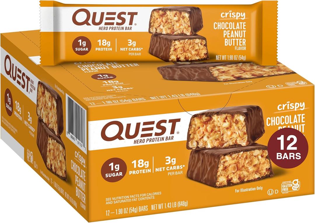 Quest Nutrition Crispy Chocolate Peanut Butter Hero Protein Bar, 18g Protein, 1g Sugar, 3g Net Carb, Gluten Free Protein Snack, Keto Friendly, 12 Count, Best before 07/02/2026