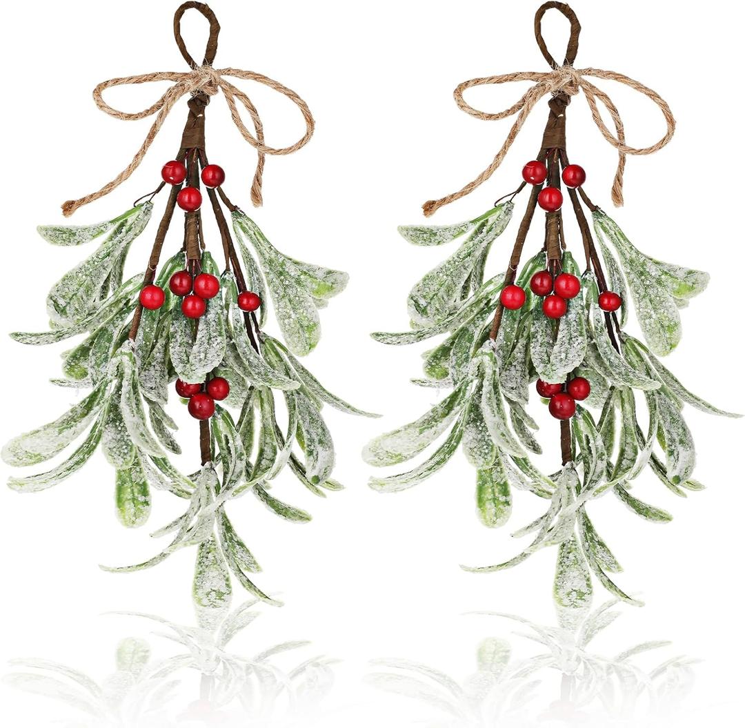 TIESOME Christmas Mistletoe Decor, 2 Pcs Artificial Mistletoe Ornament Mistletoe Hanging Decorations Glitter Christmas Tree Accessories Artificial Dry Leaf Hanging Decoration for Tree Door(Red)