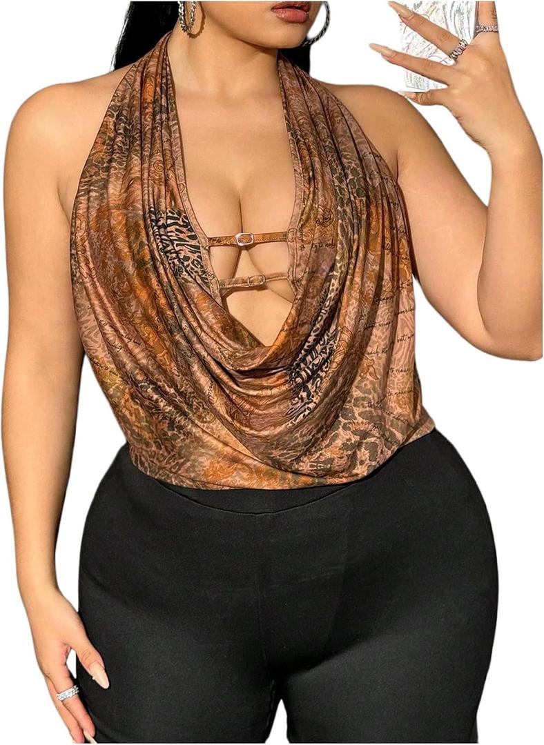 MakeMeChic Women's Plus Size Cheetah Print Halter Tops Open Back Draped Front Club Tank Crop Top (XX-Large Plus, Coffee Brown)