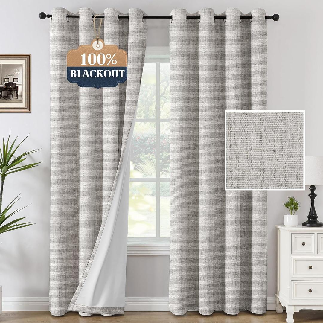 H.VERSAILTEX Blackout Curtains, Chenille Linen Curtains 84 inches Long 100% Blackout Curtains for Bedroom, Textured Linen Look Draperies Grommet with White Liner, 2 Panels, Heather Cloud