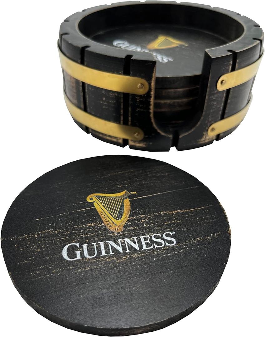 Guinness Beer Coaster Set with Holder - 6 Pack, Beer Barrel Wood, Perfect for Home Bars and Parties Compatible