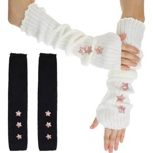 Bremorou Arm Warmers 2 Pairs Fashion Gloves Fingerless Y2K Winter Women's Long Fingerless Gloves Stretch Knit Arm Warmers Style Cute Goth Emo Arms Warmer with Thumb Hole for Women Black White